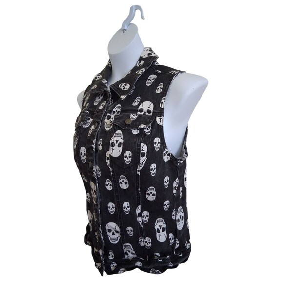 Y2K Tripp NYC Black White Skull Print Jean Vest Size L Gothic Grunge Punk - Picture 3 of 6